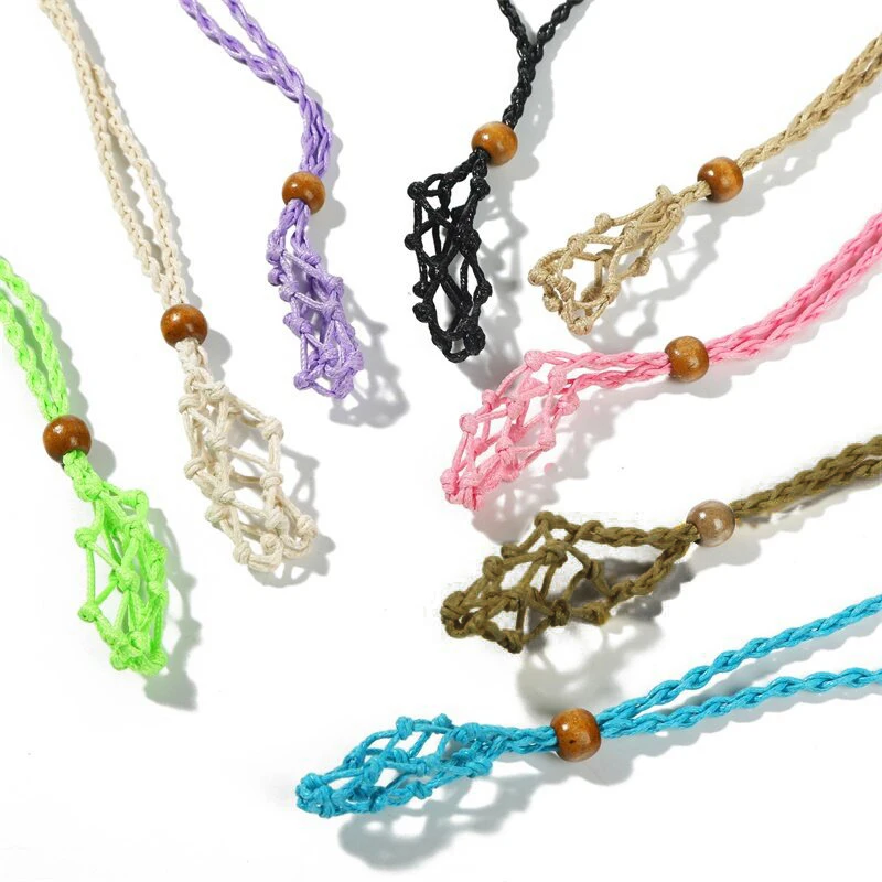 1PC Diy Adjustable Natural Crystal Stone Holder Cord Empty Meditation Necklace Pendant Holiday Retro Woven Handmade Rope Jewelry