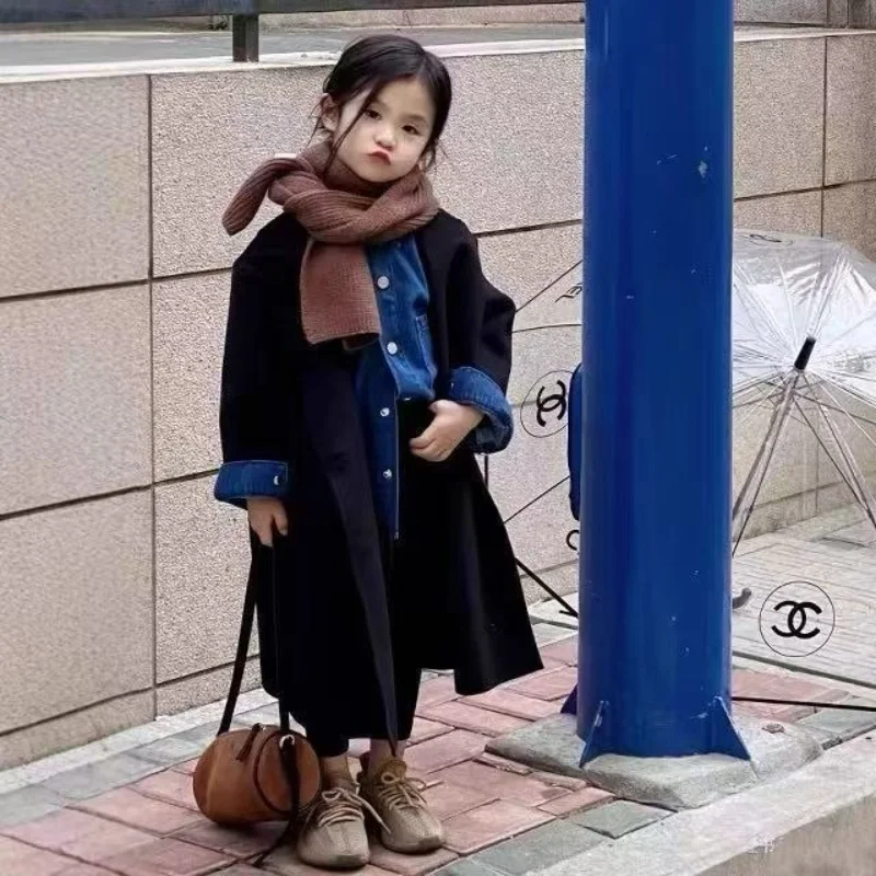 

Korean Style Wool Coat For Boys and Girls Autumn and Winter New Collection Medium to Long Black Coat Children's Thick Windbreake