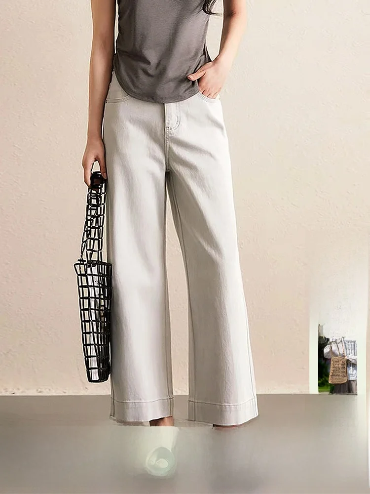 

Women's High Waist Straight Leg Jeans Casual Waed out ey Wide Leg Nine Crop Spring Season Four Way Stretch