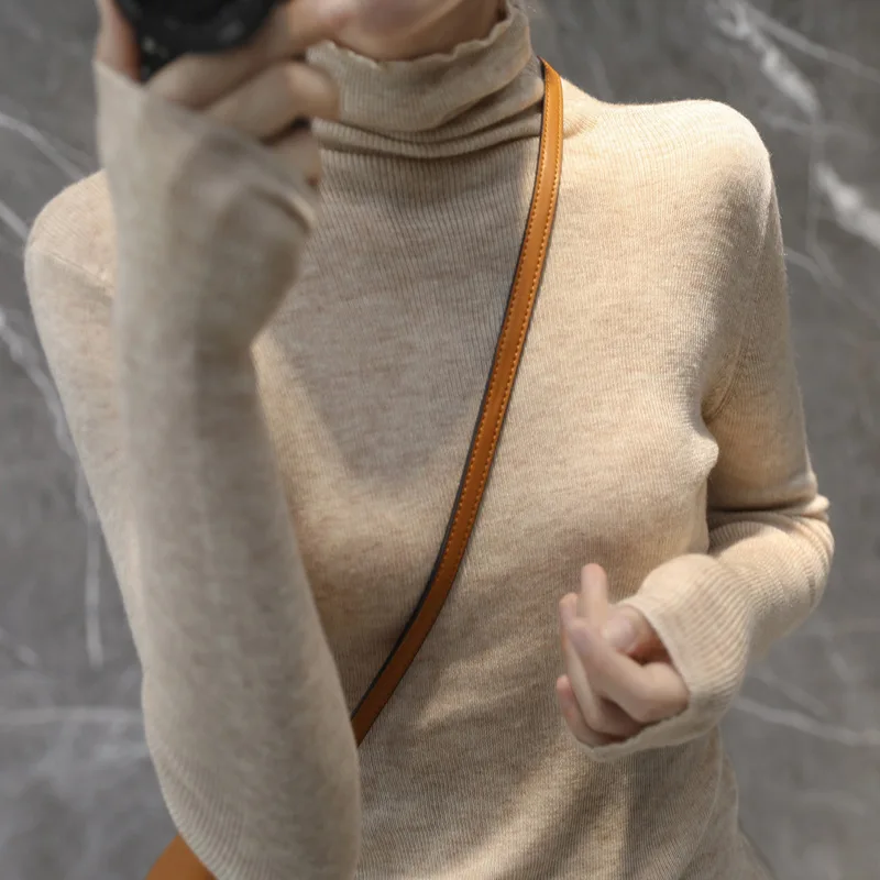 Women\'s Turtleneck Knitted Cashmere Sweater Ultra-thin Pile Neck Sweater Wool Knit Pullover Fashionable Solid Ribbed Pullovers