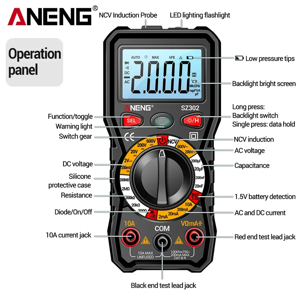 ANENG SZ302 Digital Multimeter AC/DC Votage Current Automatic Tester NCV Detector Resistance Ohm Ammeter Capacitance Meter