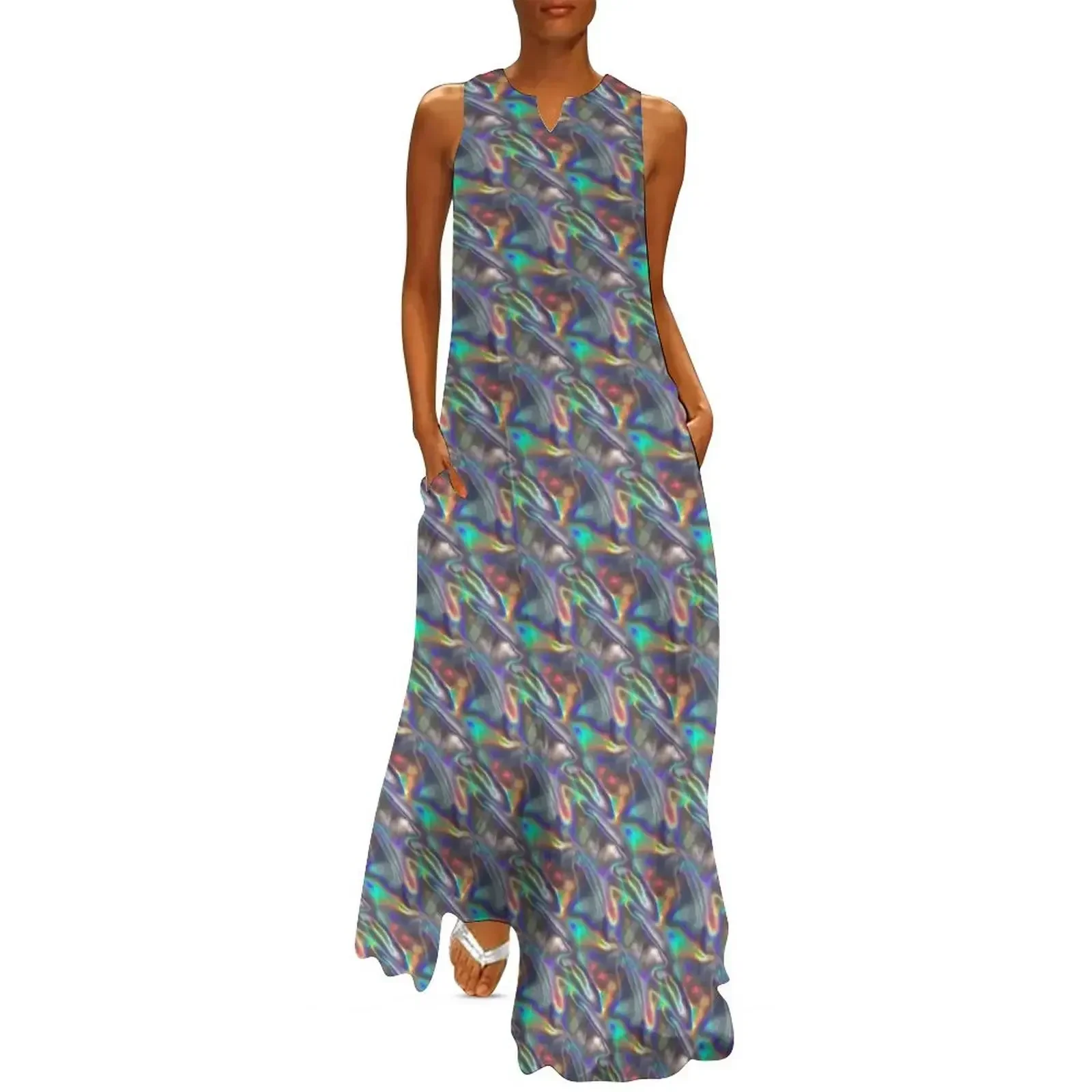 

silver holographic print Long Dress dress party night Casual dresses women's fashion dresses Dress