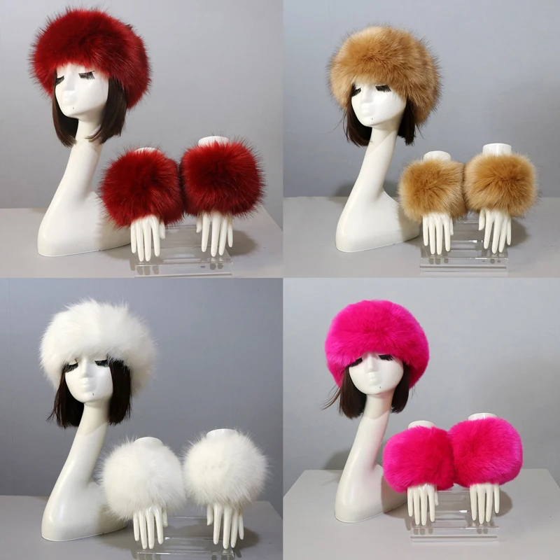 3Pcs Winter Faux Fox Fur Headband Hats Cuffs Set for Women Russian Style Warm Plush Wrist Sleeve Gloves Empty Top Faux Fur Cap