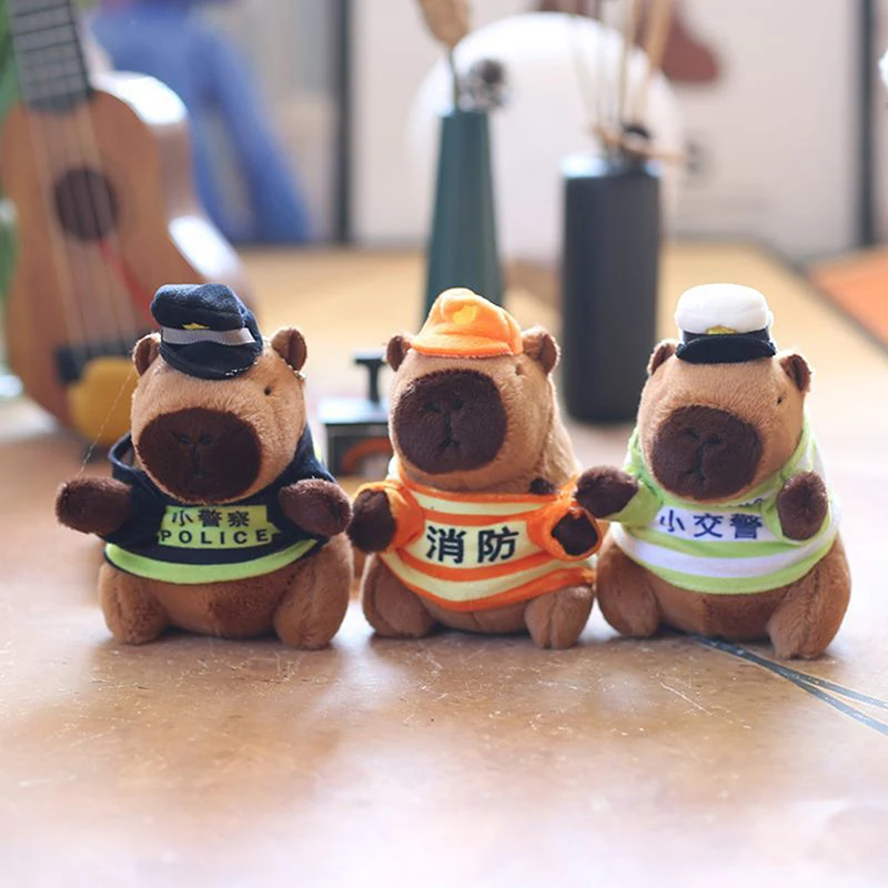 Cute Police Firefighters Capybara Keychain Cartoon Plush Kapibala Doll Backpack Pendant Bag Hanging Key Chain Creative Gift