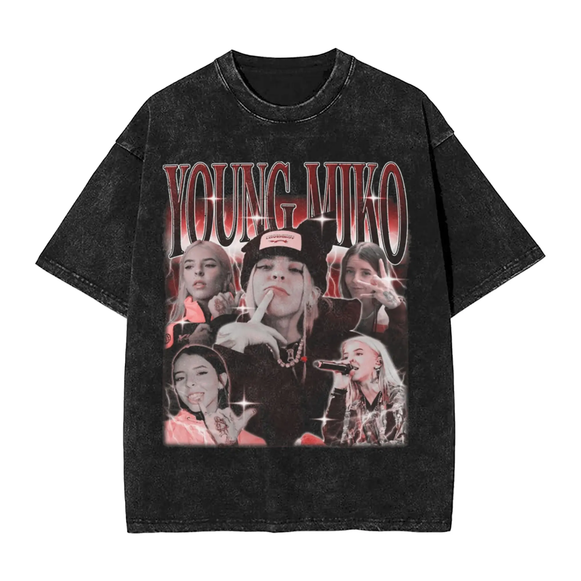Washed T Shirt Young Miko Latin Trap Hip Hop Retro T-Shirt Oversize  Streetwear Short Sleeve Graphic  Tee Shirt for Men Women