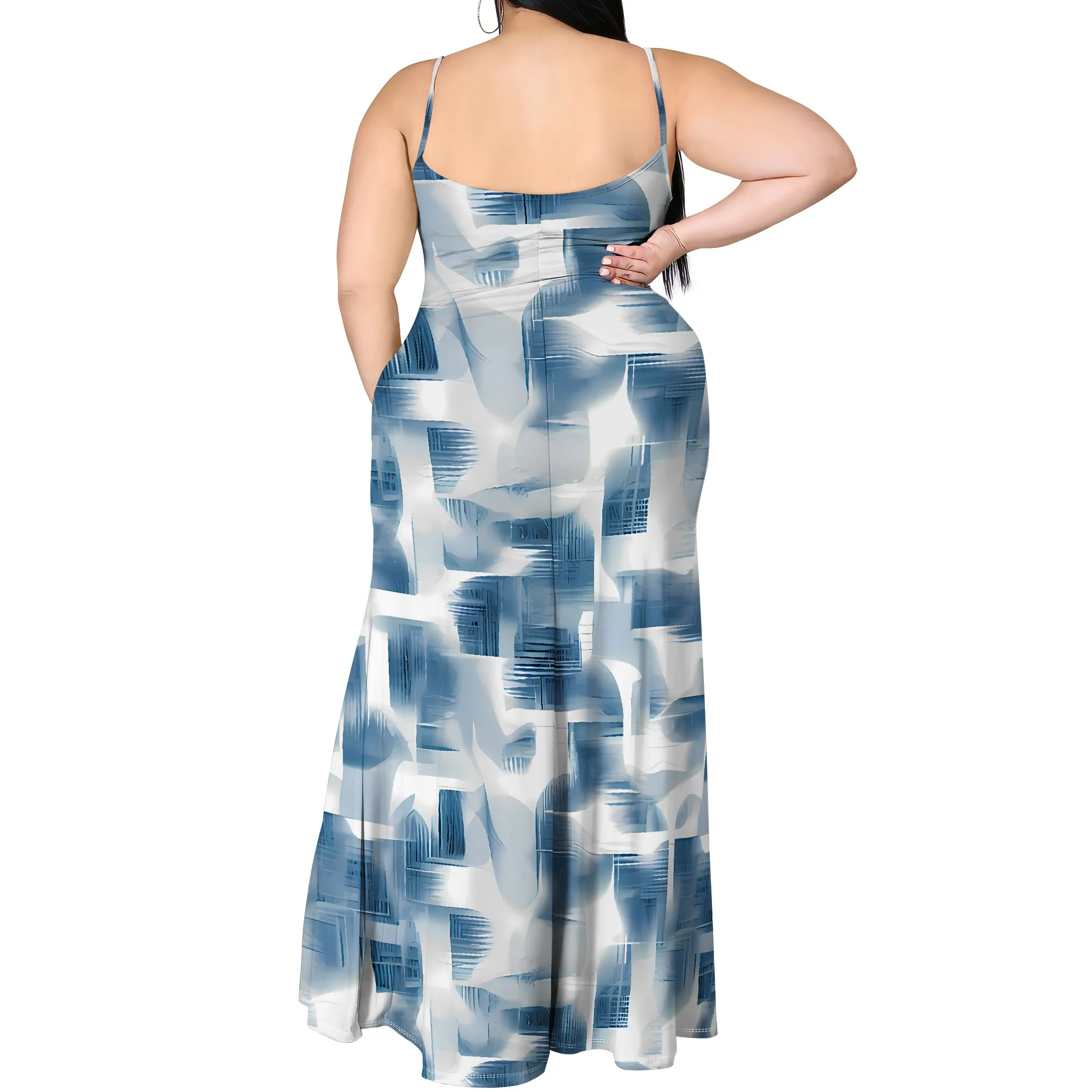 プラスサイズの抽象ストライププリントマキシドレスノースリーブスパゲッティストラップカジュアルホリデーロングドレス女性用