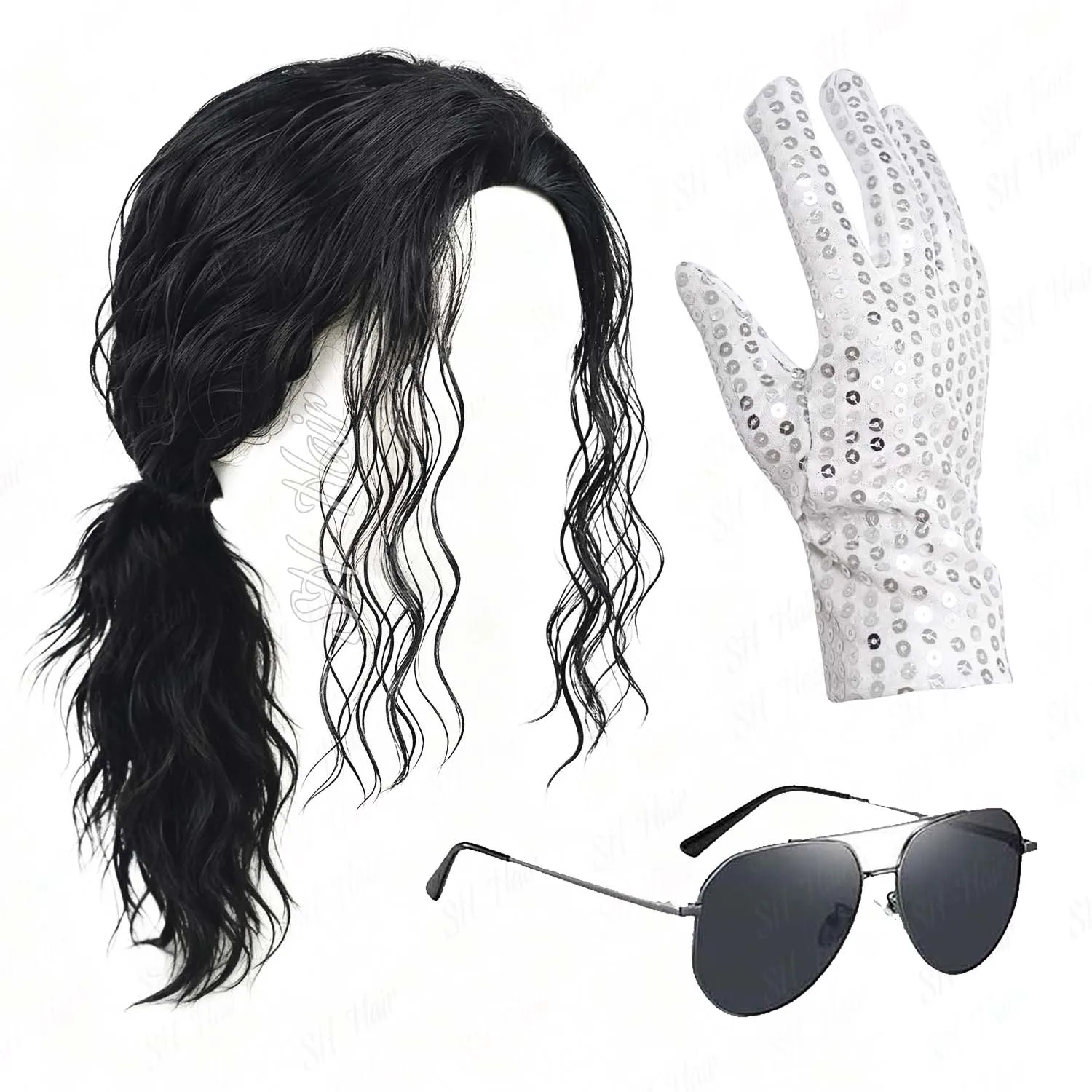 Peluca sintética negra estilo mullet para hombre + gafas + guantes, peluca larga y rizada estilo rocker punk de los años 70 y 80 para fiesta de Halloween, peluca de cosplay de Michael Jackson