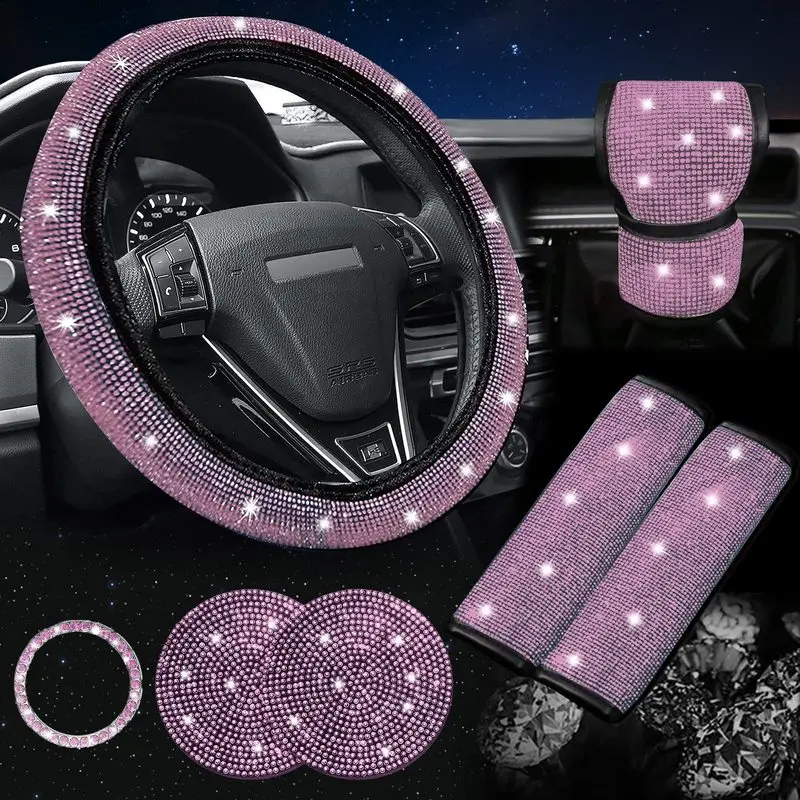 38cm Bling Car Accessories Set For Women Rhinestones Steering Wheel Cover Safety Belt Covers Gear Shift Cover Diamond Cup Pads