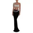 GORAFASHION Summer Rhinestone Draping Shoulder Single Shoulder long skirt outfit two-piece party set women