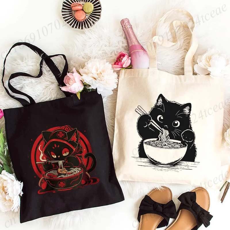 New Funny Cat Ramen Noodle Anime Shoulder Bag for Women Casual Reusable Shopping Bag Japanese Anime Manga Ramen Cat Tote Bag