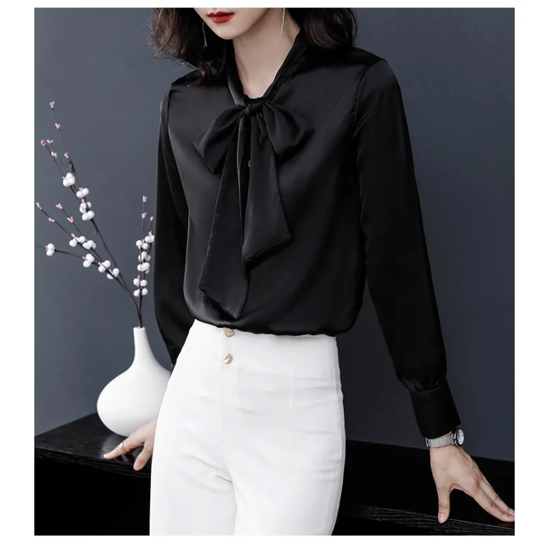 

Fashion blouse solid color Silk shirt butterfly collar female office intellectual top long sleeve shirts