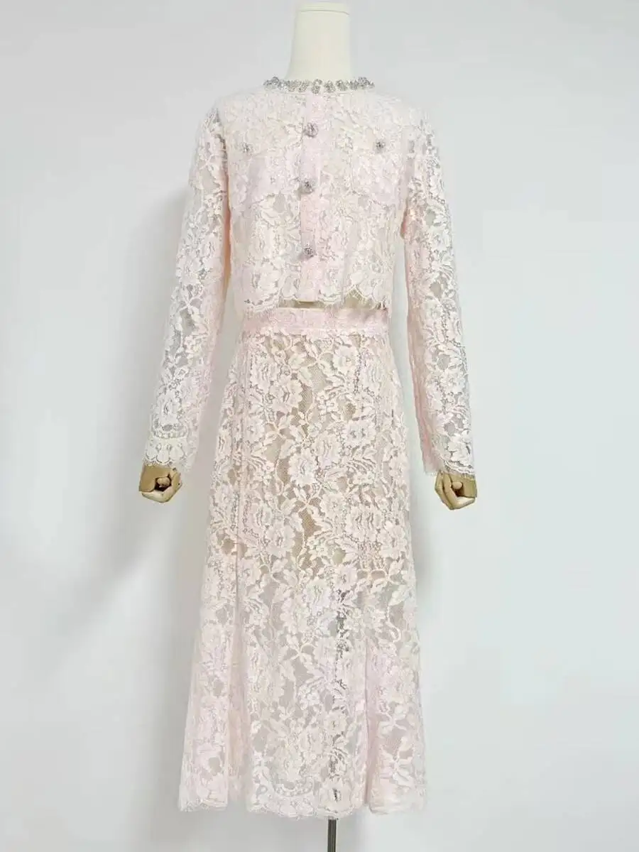 LEOSOXS mode femmes solide évider deux pièces ensemble col rond à manches longues haut taille haute jupe élégant Chic ensembles femme nouveau