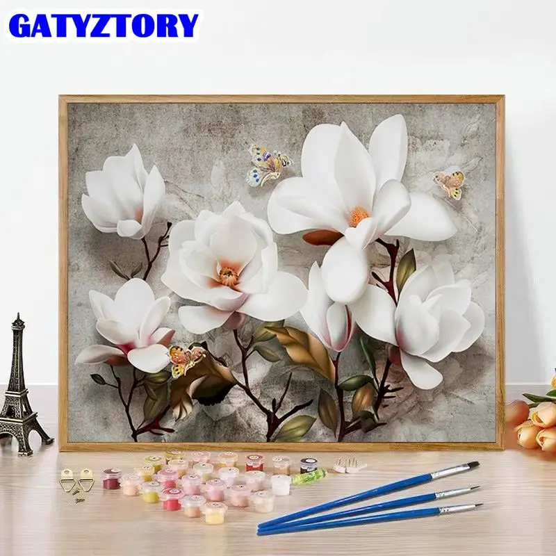 GATYZTORY Painting By Number White Flower Drawing On Canvas Handpainted Gift Diy Picture By Number Lily Kits Home Decoration