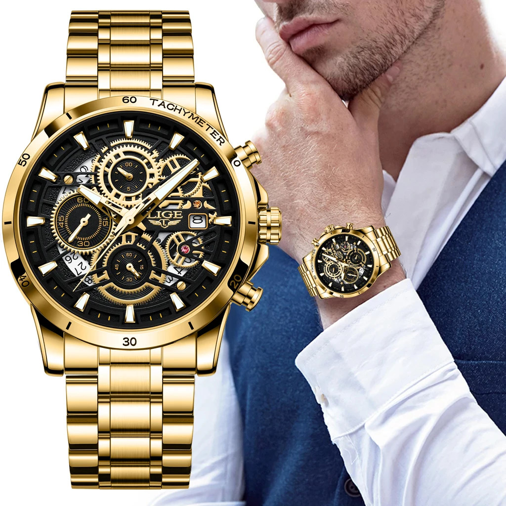 LIGE Fashion Mens Watches Top Brand Luxury Gold Quartz Watch For Men Casual Waterproof Sport Chronograph Wristwatch montre homme