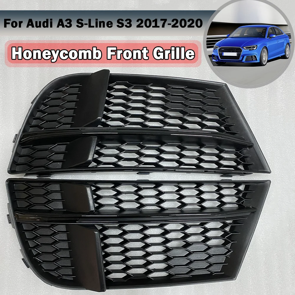 

2PCS Front Mesh Honeycomb Bumper Fog Light Grille Grill Cover Glossy Black For Audi A3 S3 S Line 2017 2018 2019 2020 Car Styling