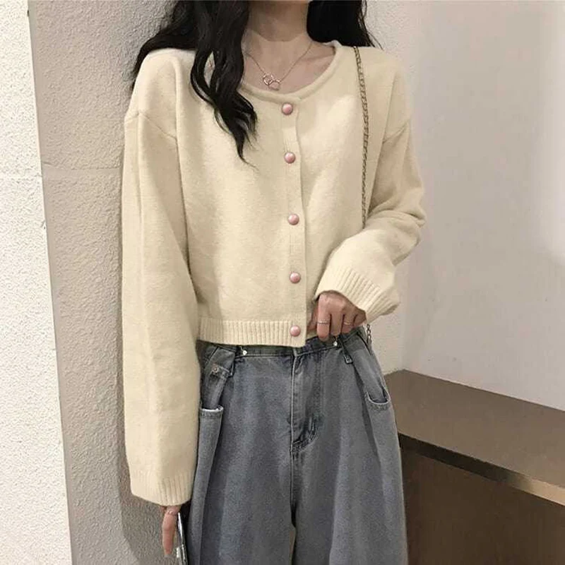 Rimocy Chic Single Breasted Cropped Cardigan Women Autumn Winter Round Neck Sweater Woman Purple Long Sleeve Knitted Cardigans