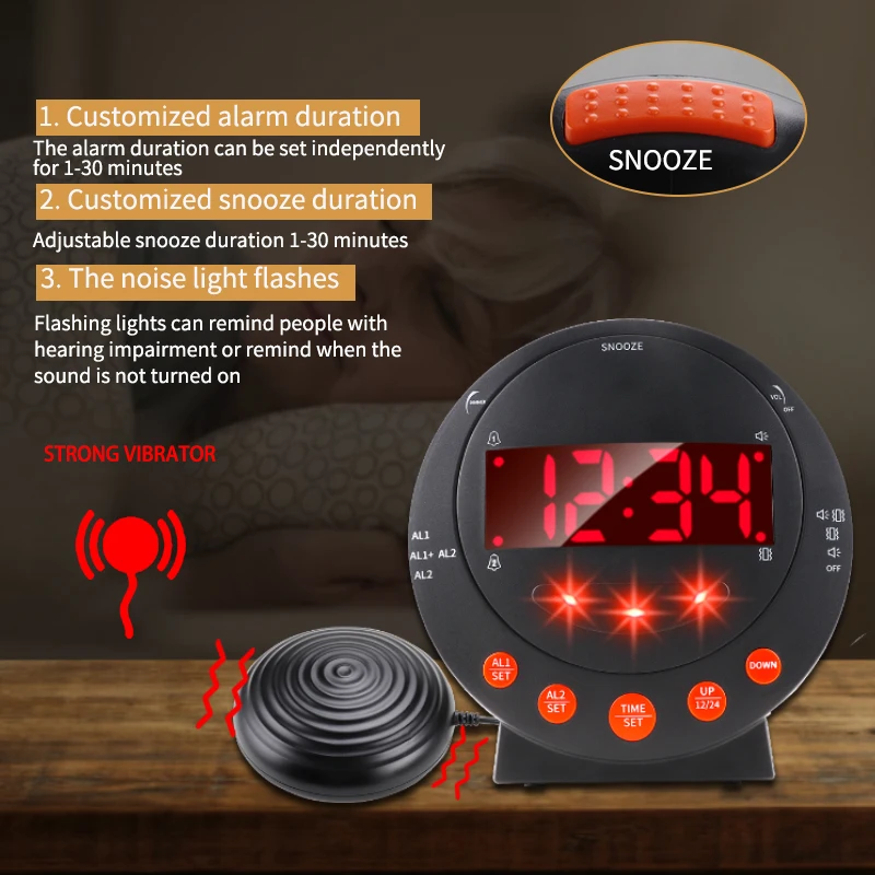 Wireless Retro Vibration Alarm Clock for Hearing Impaired – Bedside Alarm with Phone Call & Doorbell Alerts