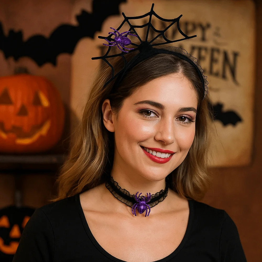 

Creative Black Halloween Headband Mesh Ruffles Hairband Necklace Set Cosplay Props Hollow Spider Web Hairband Ladies