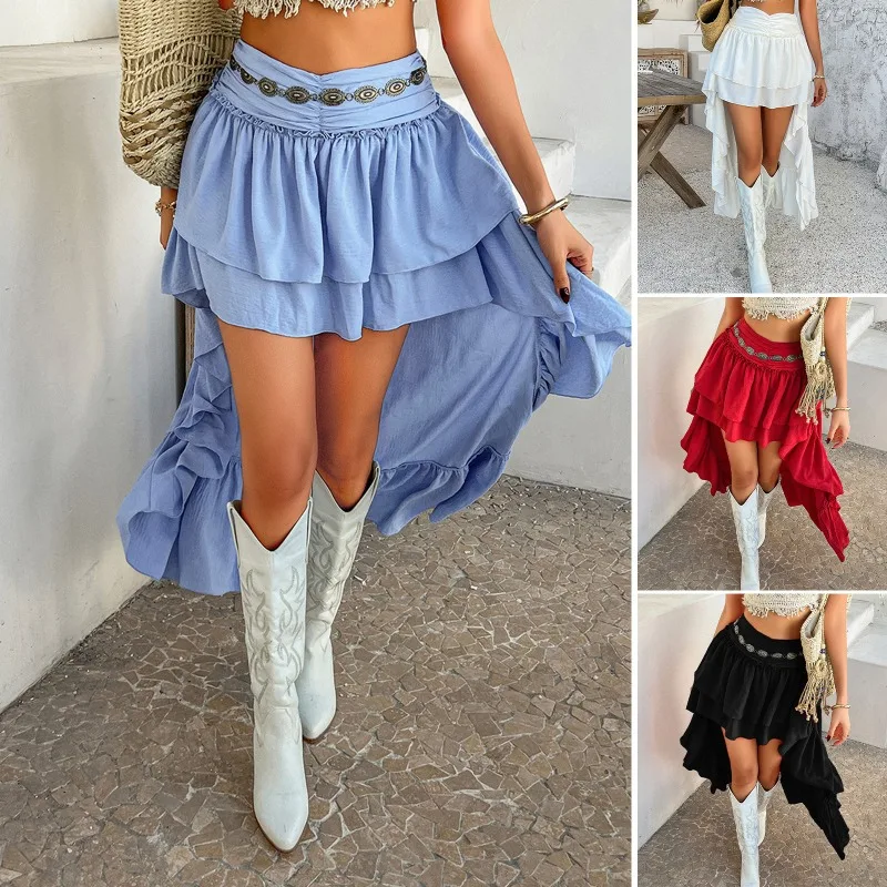 

2026 Casual Bohemian Vacation Solid Color Pleated Splicing Skirt Women's Clothing