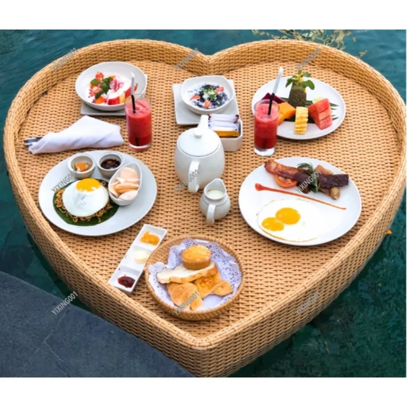 Heart Shaped Rattan Floating Pool Serving Tray, Floating Drink Holder for Hotel Villa Poolside Party Decoration