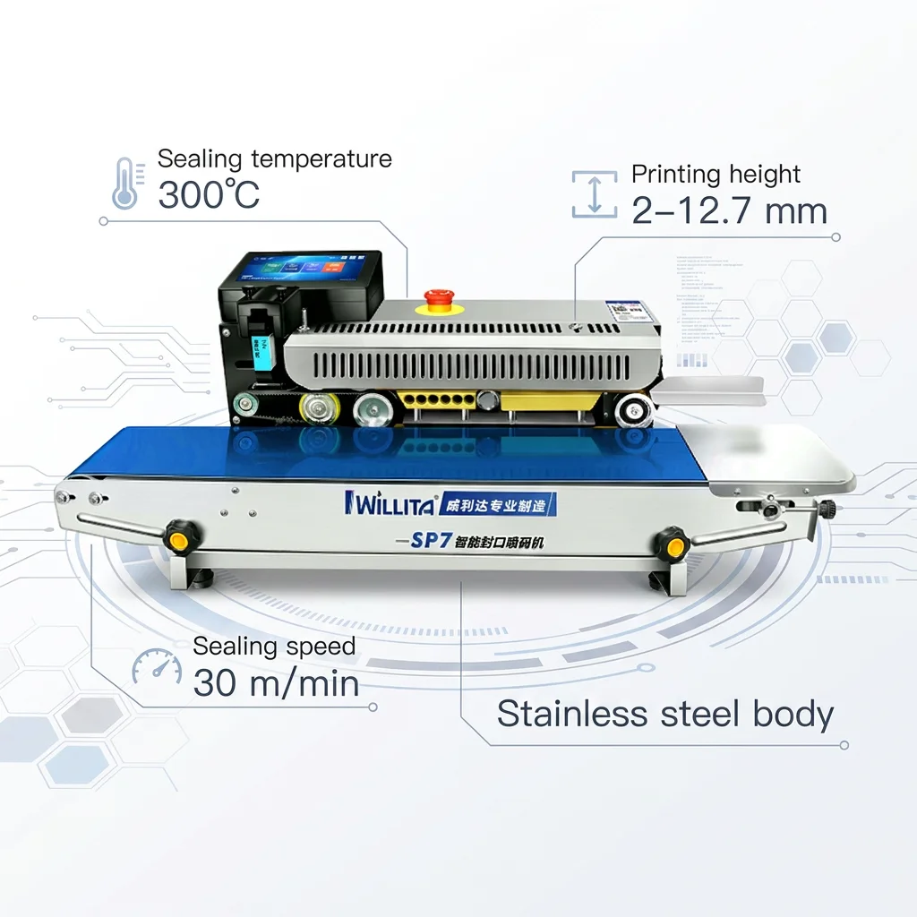 Industrial Continuous Band Barcode QR Code Inkjet Printing Sealing Machine For Plastic Aluminum Foil Bag