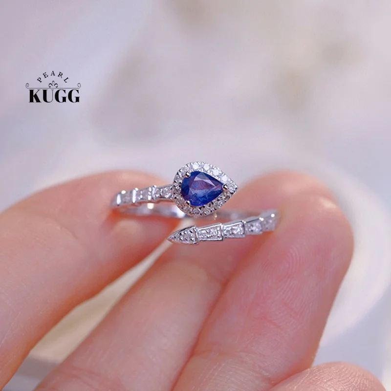 

KUGG 100% 18K White Gold Rings Vintage Snake Design Natural Diamond Natural Sapphire Open Ring for Women High Party Jewelry