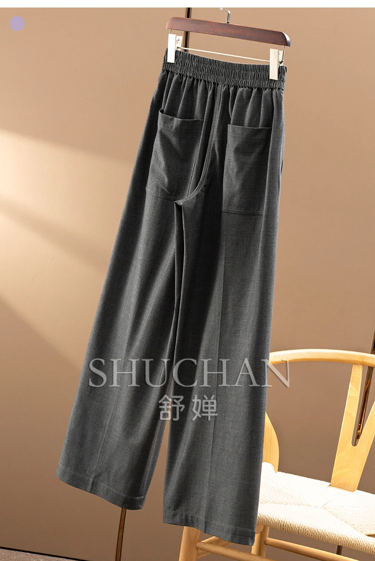 75% الصوف مرونة الخصر واسعة الساق مستقيم السراويل النسائية 09F0 بنطلون المرأة Pantalones De Mujer