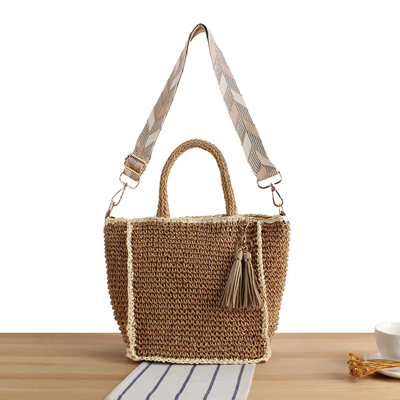 Casual Panelled Straw Tote Bag Paper Woven Women Handbags Wide Striped Strap Shoulder Crossbody Bags Summer Beach Shopper Purses