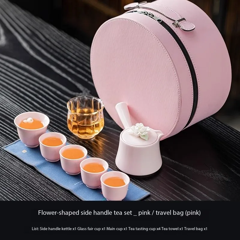Roze met de hand geperst bloemenreistheeservies, draagbare keramische theepotbeker, luxe geschenkdoos voor het zetten van buiten