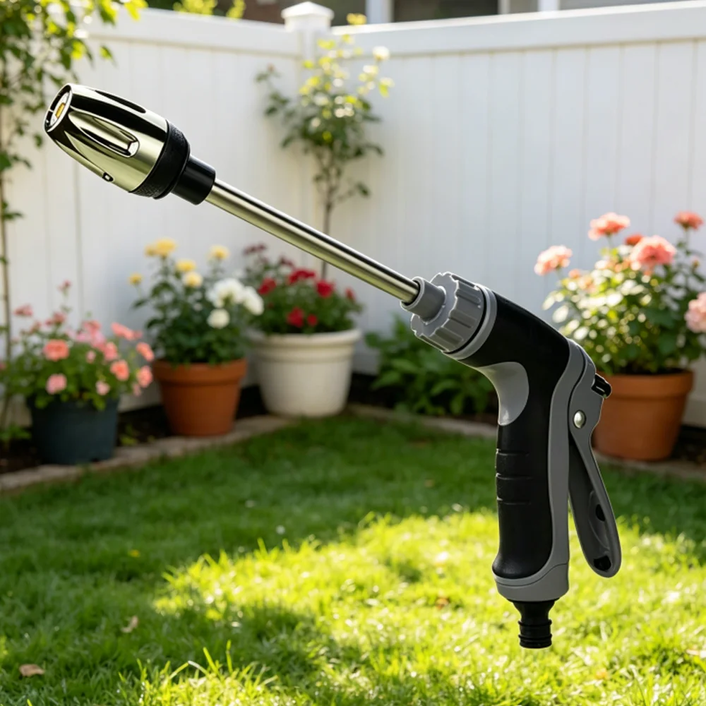 High-Pressure Car Wash Water Gun with Alloy Long Pole and Rubber Handle Metal Extension Wrapped Household Watering Tools