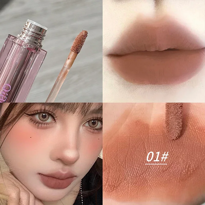 QIBEST Velluto Opaco Fango per labbra Impermeabile Lucidalabbra a lunga durata Tazza antiaderente Trucco Marrone Rosso Tinta per labbra Macchia Cosmetici coreani