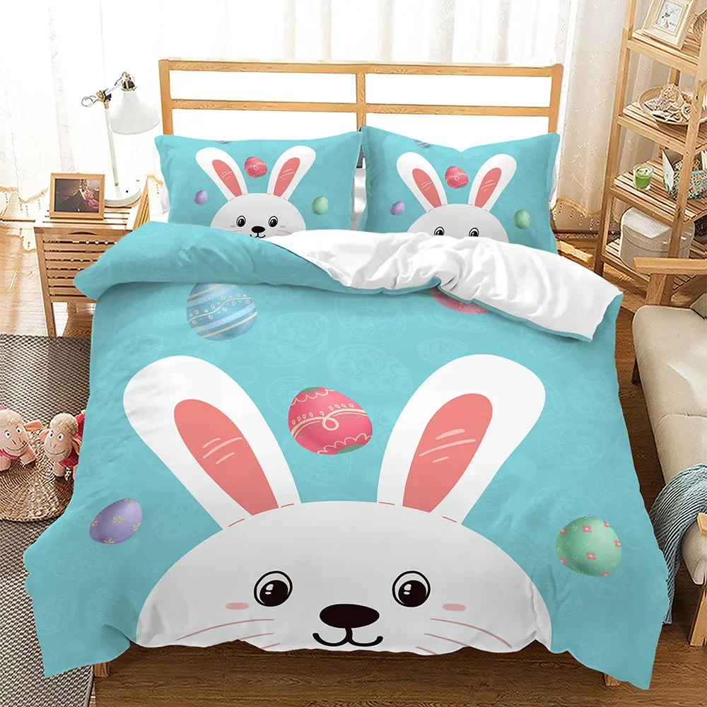 Easter Duvet Cover Set King/Queen Size Colorful Easter Eggs Nest Bunnies Theme Bedding Set Kids Boys Girls Polyester Quilt Cover