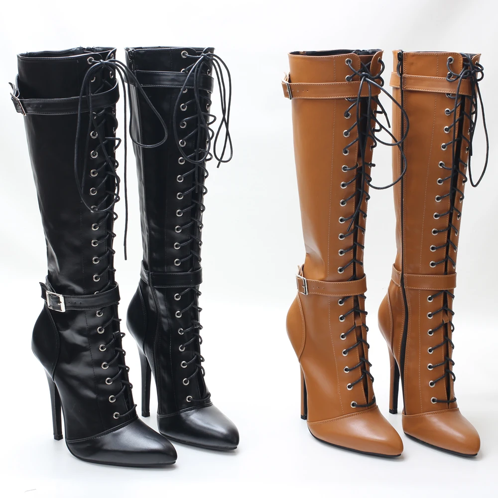 14CM High Heel Pointed Toe Lace Up Knee High Boot  Vegan Vintagefashion Bondage Corsets Shoes