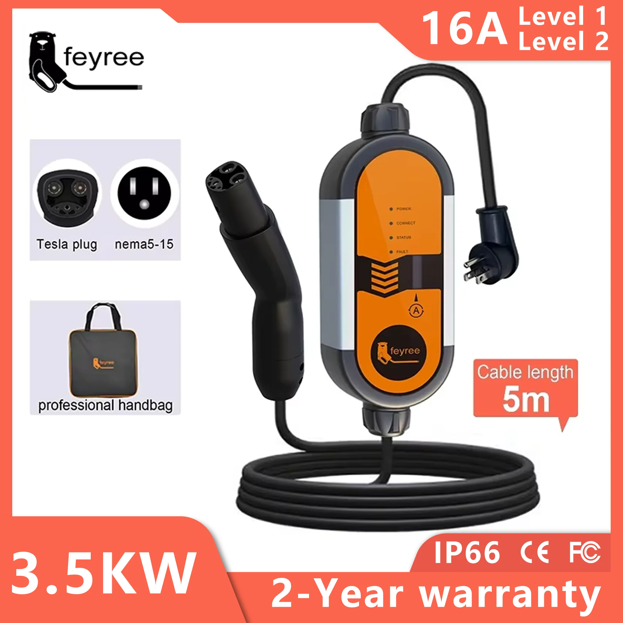 feyree Portable EV Charger 3.5KW Charging Stations 16A Adjustable Current Fast Charging with NACS Plug Compatible for Tesla Cars