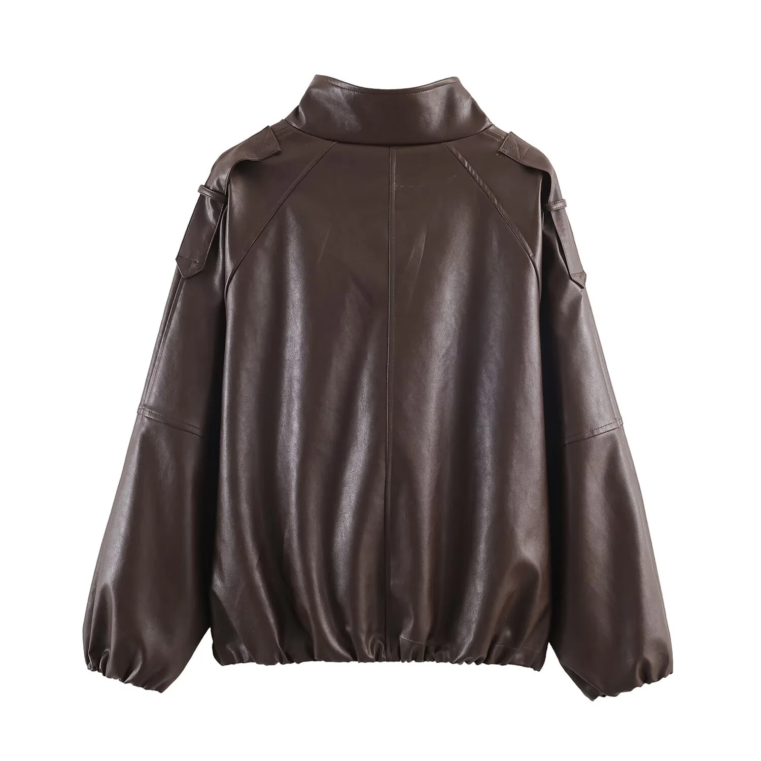 2025 Winter New Women's Casual Fashion Simple Faux Leather Stand Collar Pocket Button Loose Jacket Top