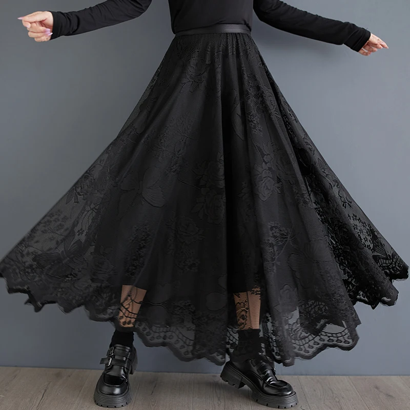 Gonna in pizzo Bla a vita alta Primavera Autunno Nuovo design scavato Sle Gonna lunga a trapezio in fibra di poliestere di buona qualità