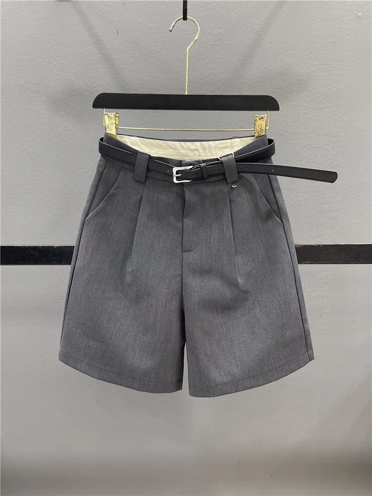 Grey Suit Shorts Women's Casual Loose Slim A-Line Wide Leg Five-Quarter Pants High Waist Cotton Polyester Blend Spring 2025