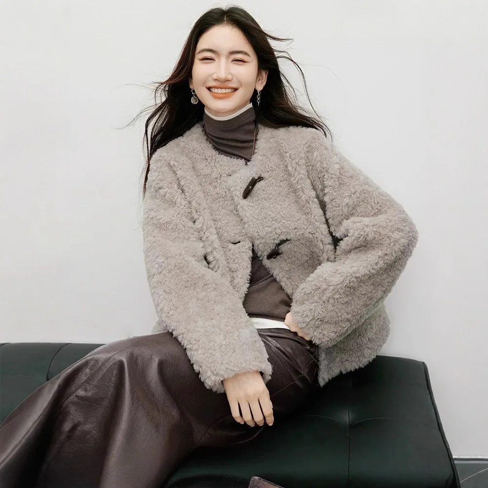 

Cow Horn Button Sheep Shearing Fur New 100 Sheep Wool Granular Fur Short Coat Women's New