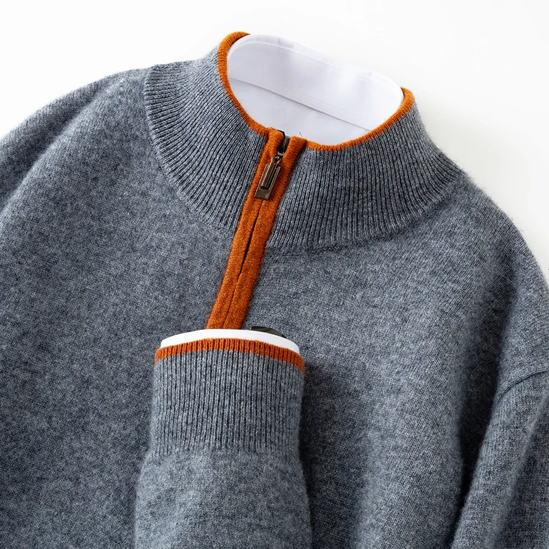 Men's 100% cashmere pullover for autumn and winter business and casual color blocked knitted semi high neck zipper top loose fit
