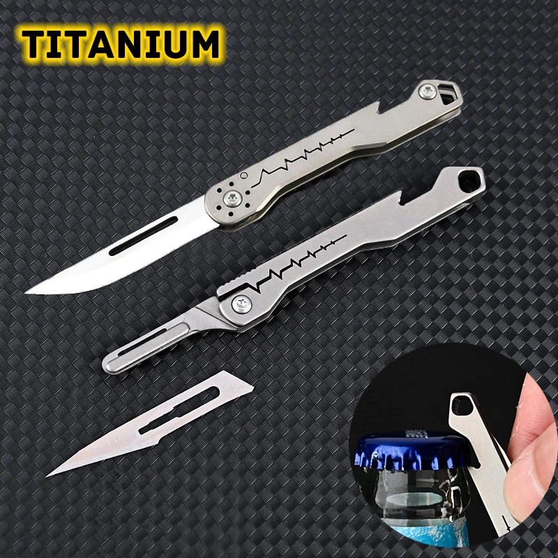 TC4 Titanium Bottle Opener Folding Knife 7Cr Steel Replaceable No11 Blade Necklace Pocket Knife Outdoor Camping Self-Defense Too