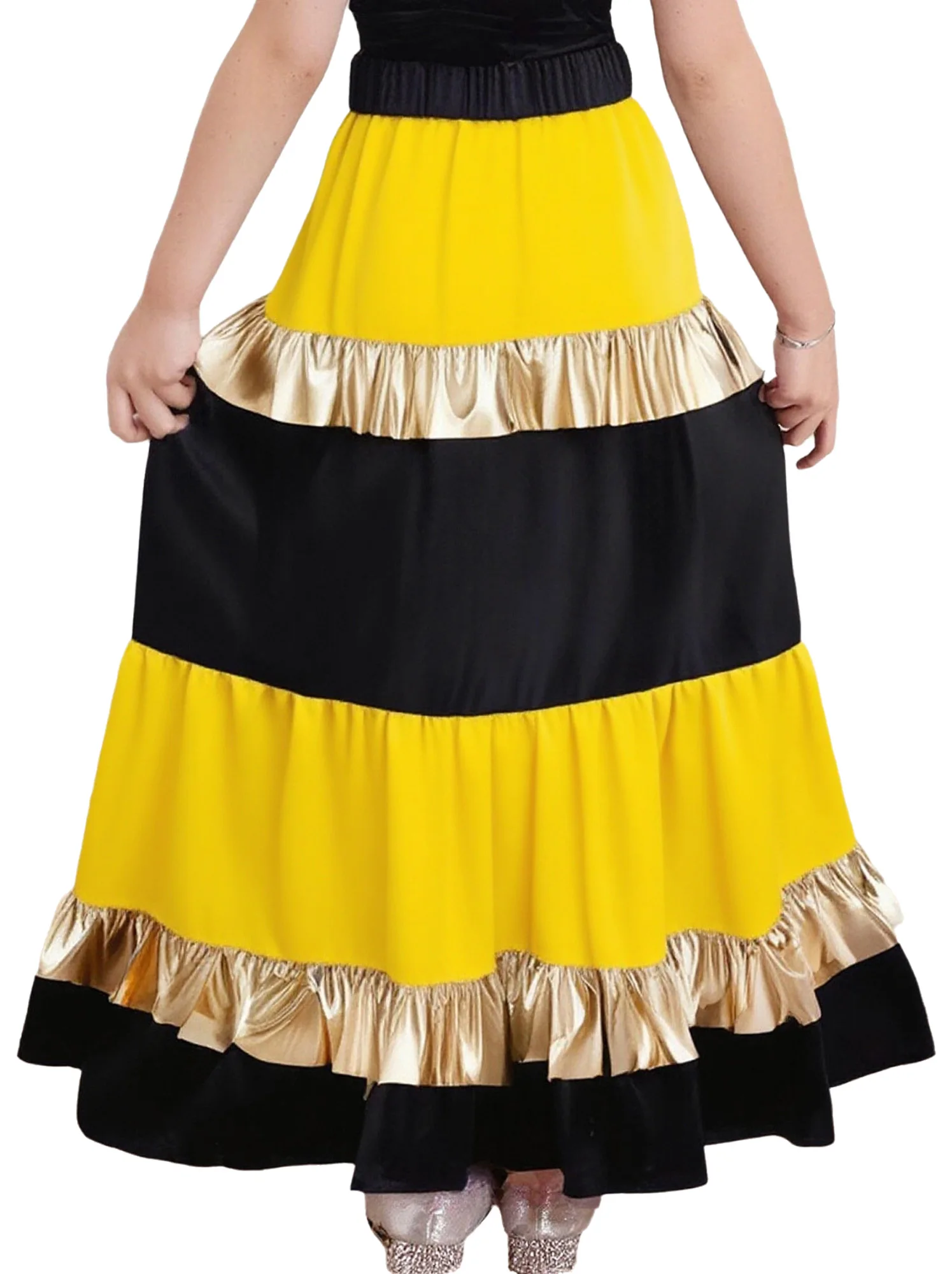 Kids Girls Tiered Ruffled Satiny Waltz Flamenco Spanish Big Swing Maxi Skirts Metallic Shiny Ballroom Dance Performance Costume