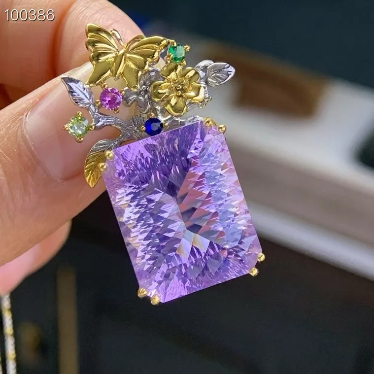

Vintage Natural Purple Amethyst Pendant, 925 Silver Two-Tone Handmade 18x22mm, Crystal Jewelry Gift for Women