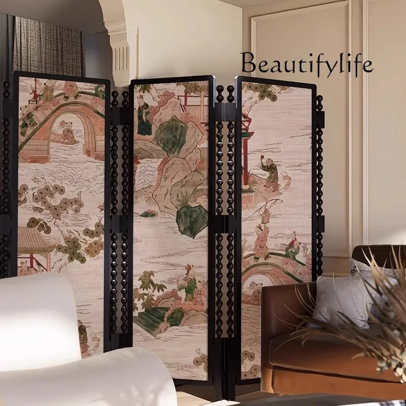 Solid wood folding screen bedroom office screen custom pattern medieval style high-end entry living room partition block