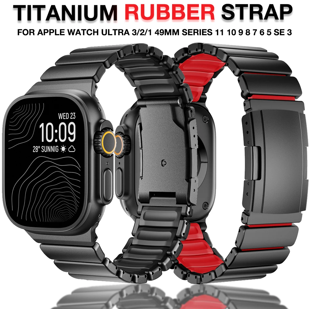 

Titanium Silicone Band for Apple Watch Ultra 3/2/1 49mm 46mm 45mm 44mm Safety Snap Button Strap for IWatch 11 10 9 8 7 6 5 SE 3