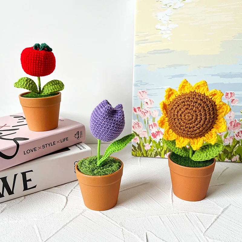 New Crocheted  Artificial Potted Flowers DIY Gift Desktop Small Ornament Simulation Bonsai Sunflower Rose Tulip Home Decoration