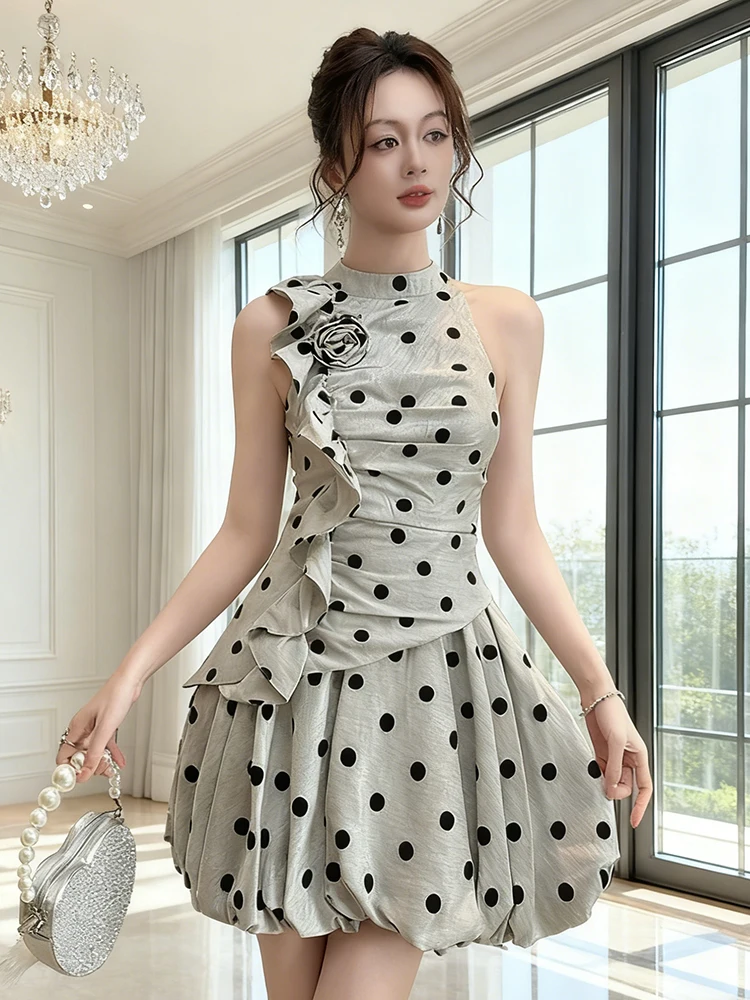 女性服銀色のドットプリントセクシーなノースリーブスリムミニショートドレスエレガントなレディースファッションイブニングパーティープロム Vestidos 夏