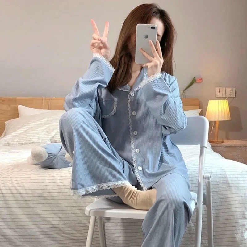 Lace Sleepwear Women Pajama Sets Kawaii Clothes Cardigan Long Sleeve Long Pants Buttons Nightwear Homewear Sets Pajamas