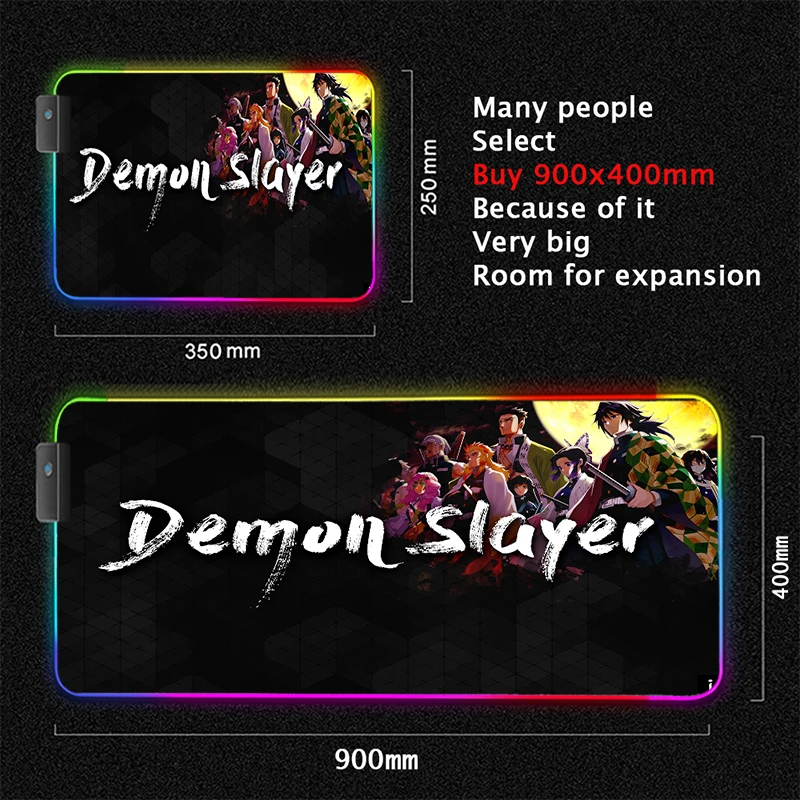 Quente anime demônio slayer rgb led mouse pad uzui tengen acessórios de jogos tapetes xxl grande mousepad daki tapete do mouse teclado