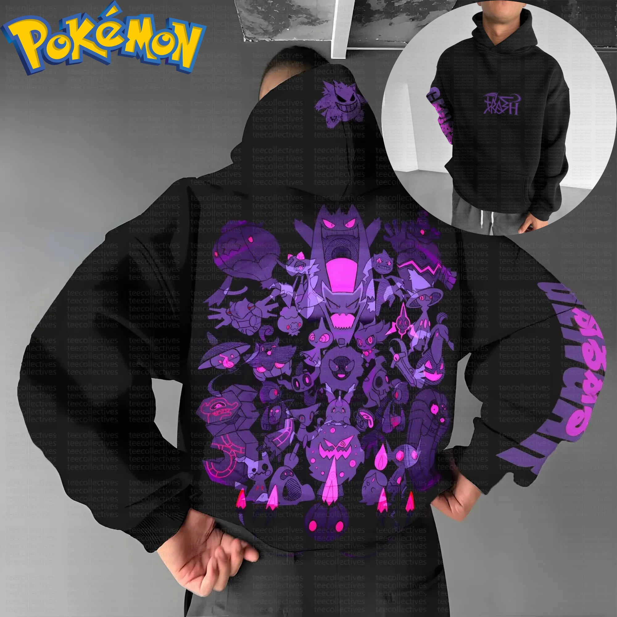 Pokemon Anime Baumwolle Hoodie Harajuku Hosen Set Schwarzer Charakterdruck mit lila rosa Multi-Kreatur-Muster Zweiteiliges Outfit
