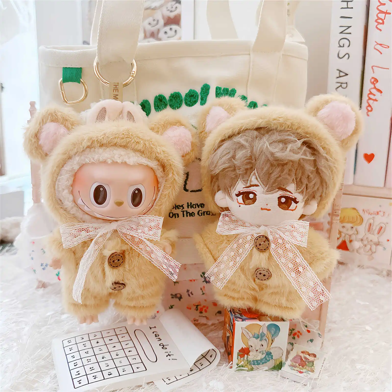 10cm Kawaii Idol Doll Clothes Cute Soft Fluffy Teddy Bear Doll Clothes 2Pcs Set Plush Doll Clothes Accessories Girls Kids Gifts